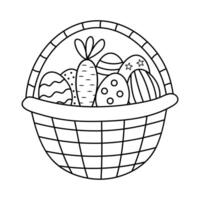 süß Gekritzel Korb mit Ostern Eier und Karotte. Vektor linear Illustration.