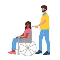 man bärande svart kvinna i en rullstol. kvinna karaktär genomgå rehabilitering efter trauma eller sjukdom. Inaktiverad person. Stöd, särskild behov begrepp. vektor