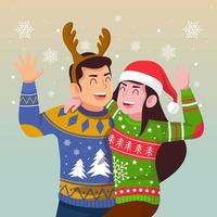 Paar macht hässlichen Pullover zu Weihnachten vektor