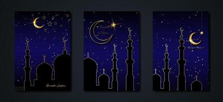 Ramadan kareem 2024 Vektor einstellen schwarz Karte. Gold Hälfte Mond auf Blau sternenklar Hintergrund. golden Urlaub Poster mit Text, islamisch Symbol. Konzept Muslim Religion Banner, Flyer, Party Einladung, Verkauf Geschäft