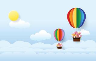 färgrik luft ballong i de himmel, papper konst stil, vektor illustration.
