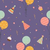 födelsedag mönster med kakor, hattar och ballonger vektor