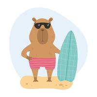 komisch Capybara mit Surfen Tafel auf ein Sand Strand vektor