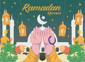 Ramadan kareem Illustration Vektor. Banner oder Poster mit Laterne, Star und Wolke Ornament, beten Hände mit Rosenkranz geeignet zum feiern Ramadan Veranstaltungen. vektor