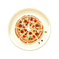 pepperoni pizza. italiensk pizza skära in i bitar på en ljus tallrik. snabb mat. skivad salami, tomater och oliver vektor
