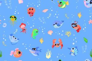 nahtlos Muster mit Meer Tiere. unter Wasser zum Kinder Bettwäsche Stoff Hintergrund Vektor
