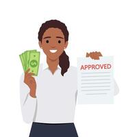 Illustration mit ein schwarz Geschäftsfrau halten ein Paar von Papier Rechnungen und genehmigt Brief zum Hypothek oder Investition vektor