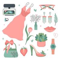 Mode Frau Elemente Satz. Kleid und Damen Zubehör. Eleganz Mode Konzept. Rosa Pastell- Farben. Frühling Stimmung Symbole Tasche, Ohrringe, betrachten, Lippen, Blumen. Vektor eben Illustration. Aufkleber Satz.