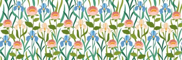 mode blommig mönster. iris och Övrig vår blommor och löv på mörk bakgrund. blommig skriva ut. trendig botanisk konst för din design, kläder, omslag papper, förpackning. vektor platt illustration