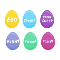 uppsättning av färgad påsk ägg med text. tecknad serie vektor illustration