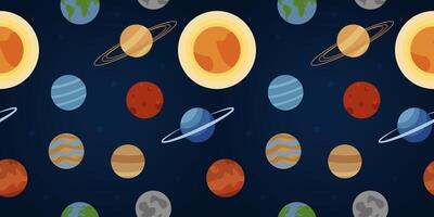 sömlös mönster med tecknad serie planeter, stjärnor. vektor illustration. platt design. kosmos