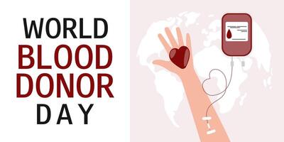 kvinna hand och blod väska. värld blod givare dag. juni 14. blod donation begrepp. horisontell baner, affisch, kort, flygblad. vektor