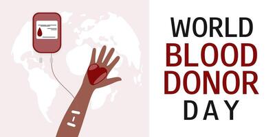blod donation begrepp. värld blod givare dag. juni 14. mänsklig hand och blod väska. svart man donerar blod. horisontell baner, affisch, kort, flygblad. vektor