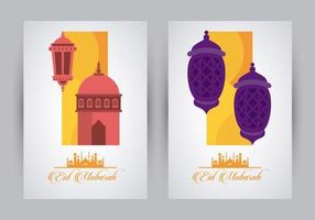 eid mubarak firande kort med moské cupule och lyktor vektor