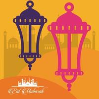 Eid Mubarak-Feierkarte mit hängenden Laternen und Moscheenszene vektor