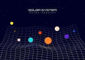 Vektor Sonnensystem minimalistischer Retro-Stil. futuristisches, deformiertes Netzgitter mit bunten Punkten wie Galaxienplaneten auf dunklem Hintergrund.