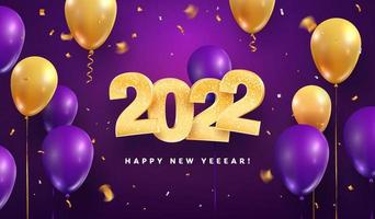 2022 gott nytt år firande vektorillustration. gyllene julnummer och ballonger på lila bakgrund. vektor