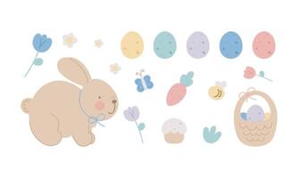 Ostern Frühling einstellen mit süß Hase, Blumen, Biene, Eier, Schmetterling, Karotte. zum Stoff, Verpackung, Karten, Textil, Hintergrund, Kleidung. isoliert Vektor Illustration im eben Stil auf Weiß Hintergrund.