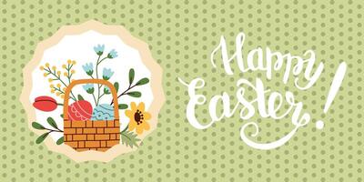 Ostern Poster und Banner Vorlage mit Ostern Eier und Blumen im Korb auf Grün Hintergrund. Gruß zum Ostern Tag. Beförderung und Hacken Vorlage zum Ostern. vektor