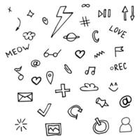 vektor line art doodle tecknad uppsättning objekt och symboler på temat sociala medier