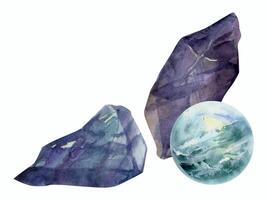 Hand gezeichnet Aquarell Illustration kostbar Halbedel Juwel Juwel Kristall Chakra Geburt Stein. Amethyst Fluorit Aquamarin. Komposition isoliert Weiß Hintergrund. Design drucken, Geschäft, Schmuck, Mode vektor