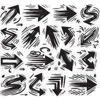 ein Sammlung von kritzeln Pfeil Schlaganfälle im abwechslungsreich Größen und Richtungen, schwarz Bürste Schlaganfall Pfeil Satz. vektor