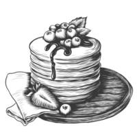 Vektor Jahrgang Stapel von Pfannkuchen Zeichnung. Hand gezeichnet einfarbig Essen Illustration isoliert auf Weiß zum Speisekarte, Fenster Design oder Etikett. Gravur skizzieren von Pfannkuchen mit Beeren und Schokolade Sirup.