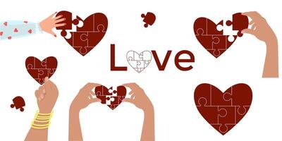 pussel i de form av en hjärta. hand innehav hjärta från saknas bitar. hjärtans dag, kärlek, kontursåg, välgörenhet och donation vektor