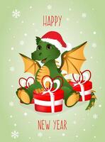 Gruß Postkarte. glücklich Neu Jahr und fröhlich Weihnachten mit Grün Drachen und rot Geschenke Boxen. vektor