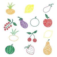 uppsättning av hand dragen vattenmelon, körsbär, äpple, päron, citron, jordgubbe, aubergine, vinbär, lök isolerat på vit bakgrund i barns naiv stil. vektor