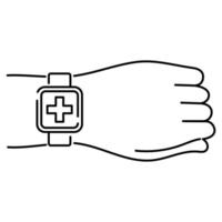 Vektor isoliert Linie Symbol, Mensch Hand mit ein Clever betrachten. Fitness Armband mit ein medizinisch Kreuz Symbol.