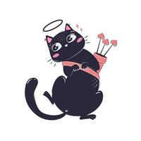 enkel tecknad serie platt kärlek katt cupid med pilar liggande på hans tillbaka vektor
