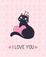 druckbar süß Valentinstag Tag Karte Vorlage mit schwarz Katze. Inschrift ich Liebe Sie vektor