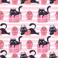 mall tryckt sömlös mönster med svart rolig katt för hjärtans dag isolerat. färgrik kärlek omslag papper. vektor