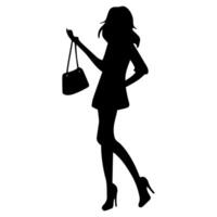Silhouette von Frau tragen hoch Absätze , Stehen Pose halten ein Tasche, auf ein Weiß Hintergrund vektor
