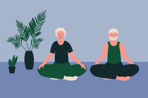 äldre par håller på med yoga praktiserande asanas andas praxis vektor platt illustration aktiva mogna man och kvinna håller på med övning på matta och aerob familj njut av sport och friska livsstil tillsammans