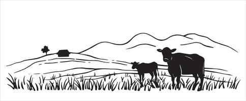 Landschaft Weide mit Kühe. schwarz und Weiß Zeichnung im skizzieren Stil, Gravur. Bauernhof vektor