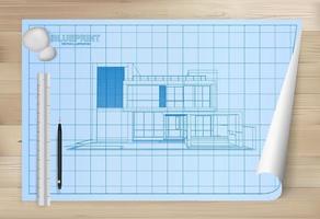 Idee des Hauses auf Blaupausenpapierhintergrund. Architekturzeichnungspapier auf hölzernem Beschaffenheitshintergrund. Vektor. vektor