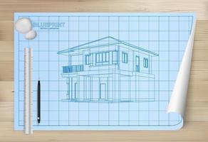 Idee des Hauses auf Blaupausenpapierhintergrund. Architekturzeichnungspapier auf hölzernem Beschaffenheitshintergrund. Vektor.