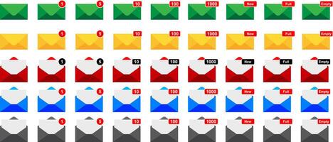 Email Symbol Sammlung im Grün, Gelb, Rot, Blau und schwarz Farben mit Email Anzahl Benachrichtigung Punkte vektor