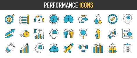prestanda ikon uppsättning. som innehåller få, förbättring, växa, Diagram, öka, Evolution och utveckling ikoner. fast ikon samling. vektor illustration.