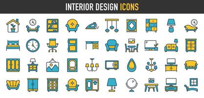 interiör design ikoner uppsättning. kök, sovrum, soffa tabell, bokhylla garderob, stol, madrass, lampor, stege vektor illustrationer. arkitektonisk planera tecken