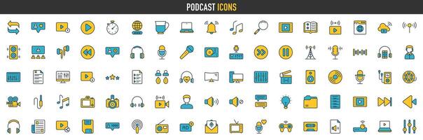 podcast ikon samling. som innehåller audio, webbsändning, video, Nyheter, mikrofon, spela in, poddsändning, sändningar och underhållning ikoner. vektor illustration.