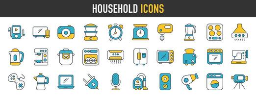 Haushalt Haushaltsgeräte Vektor Symbole. eine solche wie Toaster, Mixer, Fön, elektrisch Bereich, Video und Foto Kamera. Vektor Symbol Sammlung