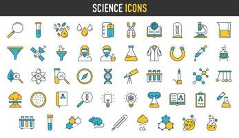 Wissenschaft Symbol Satz. eine solche wie Biologie, Labor, Experiment, Wissenschaftler, Forschung, Physik, Chemie und Mehr Symbole. Bildung Symbol. wissenschaftlich Aktivität Vektor Illustration.