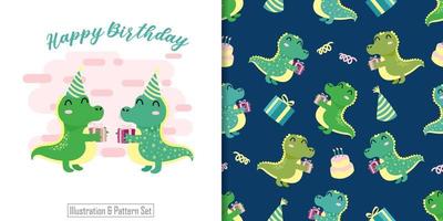 söt aligator sömlösa mönster med illustration tecknad baby shower kort vektor