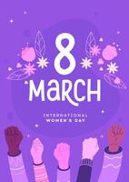 internationell kvinnors dag flygblad med stigit upp händer 8 Mars vektor