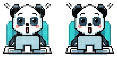 Pixel Kunst Vektor Symbol mit Panda Tippen auf Computer mit überrascht aussehen auf Weiß Hintergrund