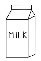 mjölk låda isolerat på en vit bakgrund. kartong förpackning. mejeri produkt. hand dragen klotter, skiss svartvit stil. vektor platt illustration.