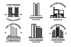 hus och skyskrapor logotyp eller bricka i årgång stil vektor